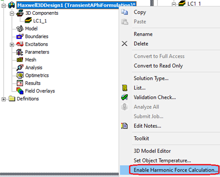 Access to Enable Harmonic Force Calculation is highlighted
