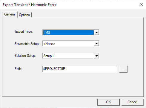Export Transient Harmonic Force window configured for LMS export