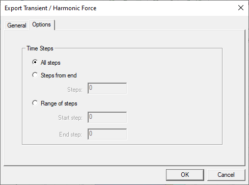 Export Transient Harmonic Force window's Options tab configured to export all steps