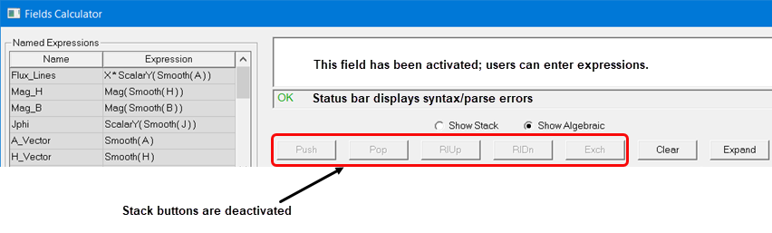View of the Fields Calculator in Algebraic mode
