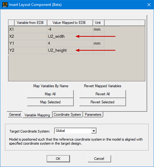 Variable Mapping tab of the Insert Layout Component dialog box showing two variables substituted for the original numerical values