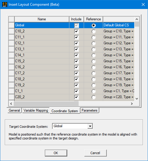 Coordinate System dialog box with Global coordinate system selected as Reference