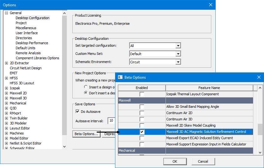 Access to  the Eddy Current Solution Refinement Control feature from the Beta Options dialog box