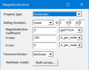 Magnetostriction dialog box with Property type set to Anisotropic