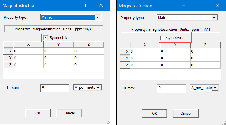 Magnetostriction dialog box with the property type set to Matrix. For comparison, one dialog box has the Symmetric option checked and the other dialog box has it unchecked.