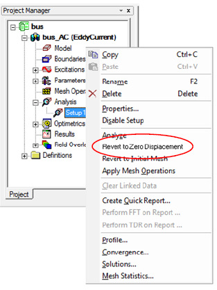 Revert to Zero Displacement visible in the Analysis Setup right-click menu