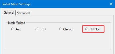 Access to Phi Plus mesher in Initial Mesh Settings dialog box
