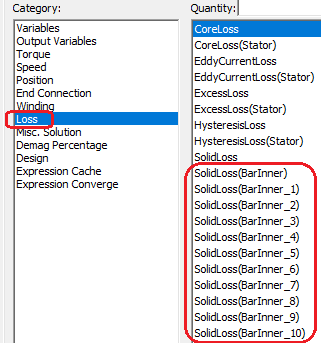 Report window with Solid Loss for each bar in an end connector listed in the Quantities list
