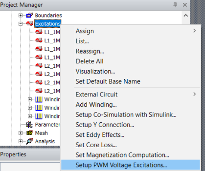 Access to the Setup P W M Voltages excitations window from the Project Manager's Excitations entry