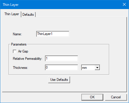 Thin Layer window with Air Gap unchecked. The Relative Permeability is now editable.