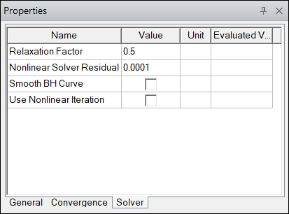 View of the Solve Setup Properties window that includes the Relaxation Factor parameter