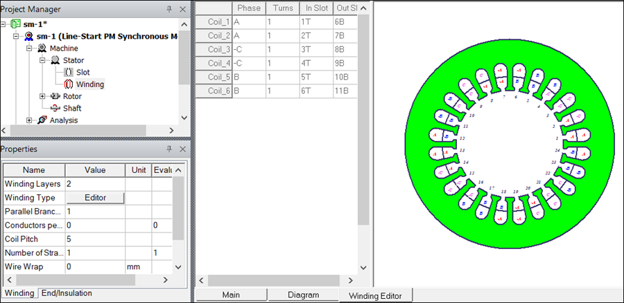 View of the Machine Editor window with the default winding arrangement