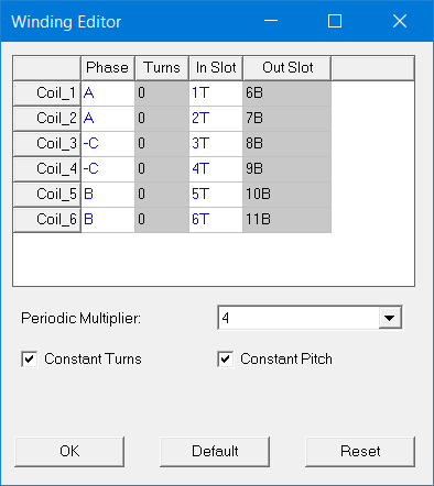View of the Winding Editor dialog box as seen from the Eidt Layout menu