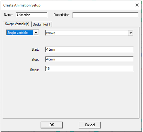 Create ANimation Setup dialog. Swept Variables tab.