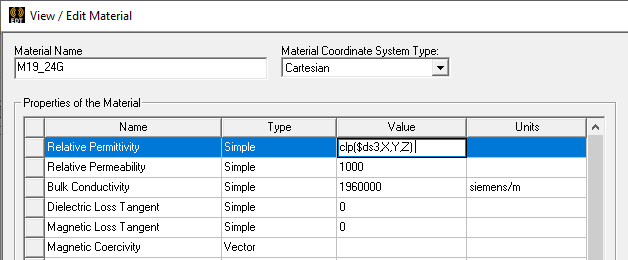 View/Edit Material window. Properties of Material list, Relative Permitivity selected, value filled in. 