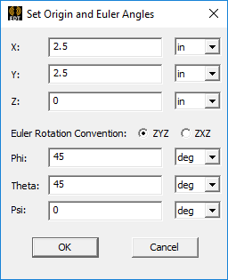 Set Origin and Euler Angles dialog.