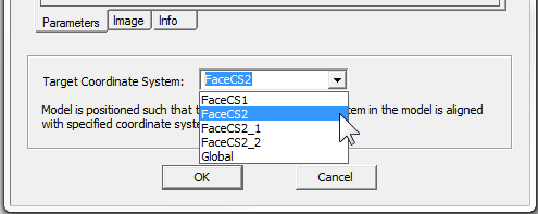 Insert 3D Component dialog. Target Coordinate System drop down menu expanded.
