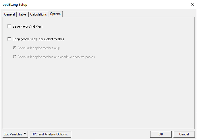 OptiSLang Setup dialog, Options tab.