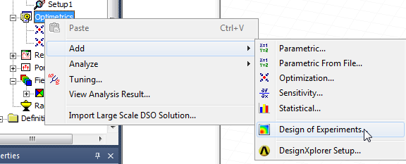 Optimetrics shortcut menu, Add submenu expanded, Design of Experiement option highlighted.