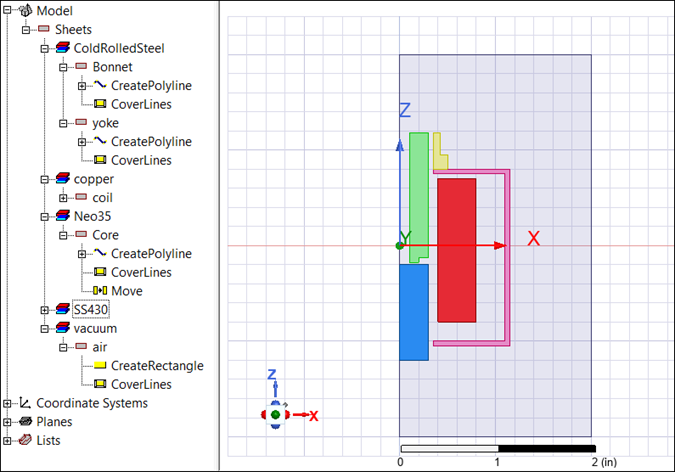 View of the solenoid model in the Modeler window. The history tree is expanded to show the elements of the design
