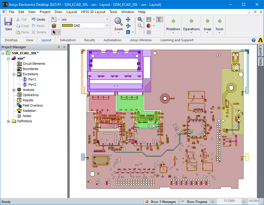 View of the 3D layout for a power delivery network board