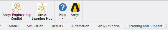 Application ribbon showingg the options for Learning and Support Tab, from left to right, Ansys Innovation Courses, Ansys Learning Hub, Ansys Knowledge, Ansys Learning Forum, Customer Portal, Hep, and Ansys.