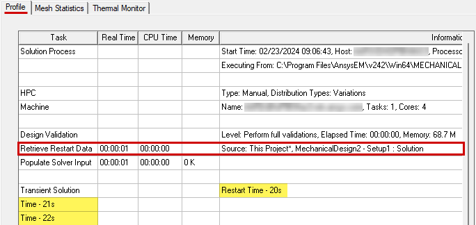 Solution setup profile entries that verify proper restart linking from a transient thermal source solution