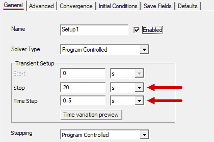 Transient setup options in the general tab of the thermal solve setup dialog box