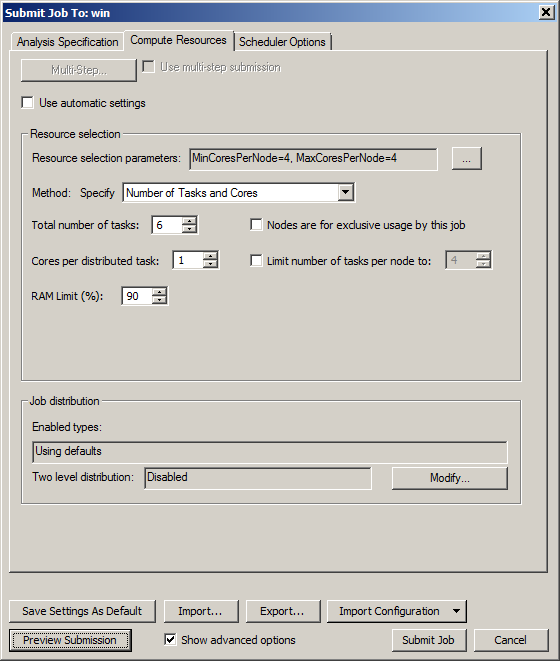 Submit Job to: win dialog. Compute Resources tab.