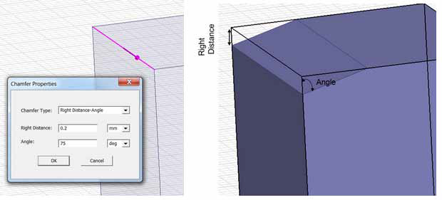 Model of 3D object with specified right distance angle chamfer.