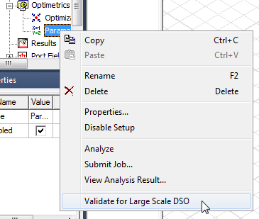 Project Tree, Parametric Sweep branch right-clicked. Validate for Larce Scale DSO option highlgihted.