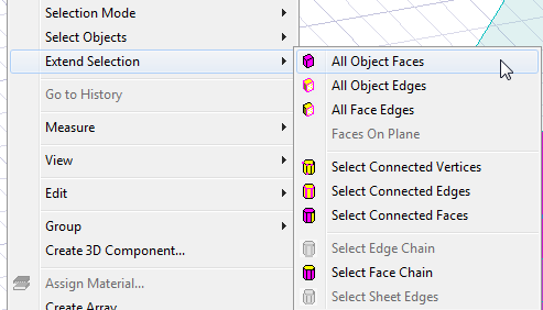 Extend Selection submenu, All Object Faces option highlighted.