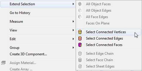 Extend Selection submenu, Select Connected Vertices option highlighted.