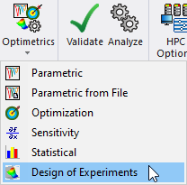 Optimetrics drop-down menu, Design of Experiment option highlighted.