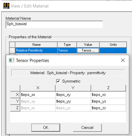 View/Edit menu with Tensor Proerties dialog box open for relative permeability property. 