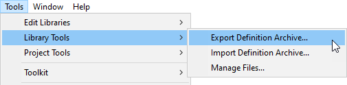 Tools menu, Library Tools option expanded, Export Definition Archive option highlighted.