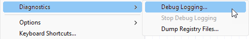 Tools menu, Diagnostics submenu expanded, Debug Logging option highlighted.