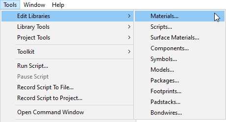 Tools menu, Edit Libraries option expanded, Materials option highlighted.