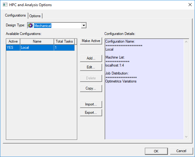 HPC and Analysis Options Window