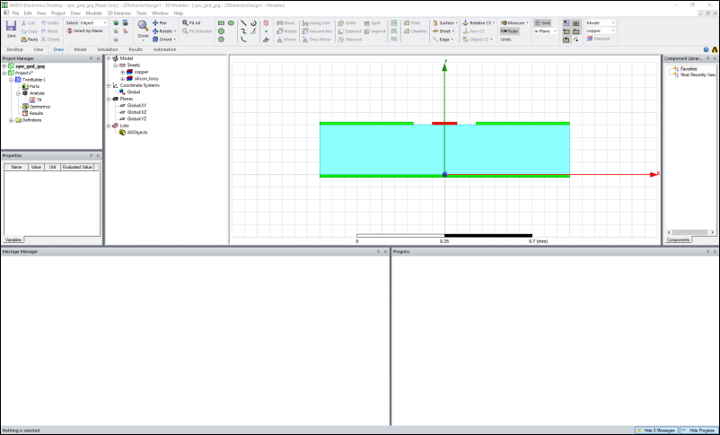 2D Extractor  Example File shown in the Circuit Application Window, lay out view. 