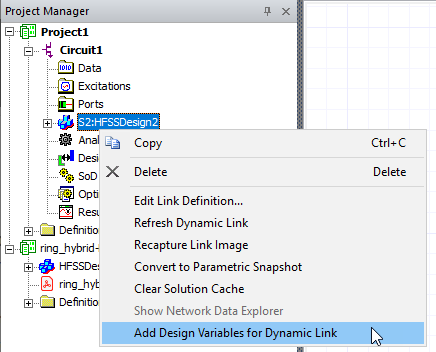 Shortcut menu, Add Design Variables for Dynamic link selected.