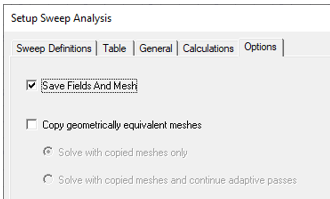 Setup Sweep Analysis dialog. Save Fields and Mesh option enabled.