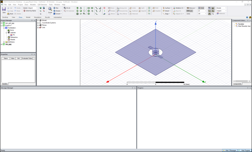 Q3D Example File shown in the Ansys Electronics Application, planar view.