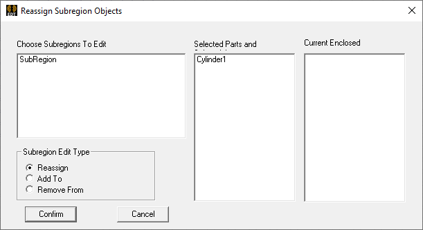 Reassign Subregion Objest dialog.