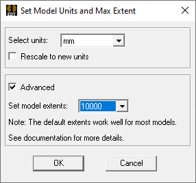 Set Model Units and Max Extent dialog.