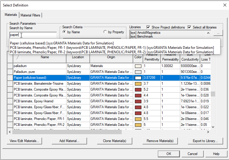 Select Definition window, materials tab open. Search by name paramenter filled. 