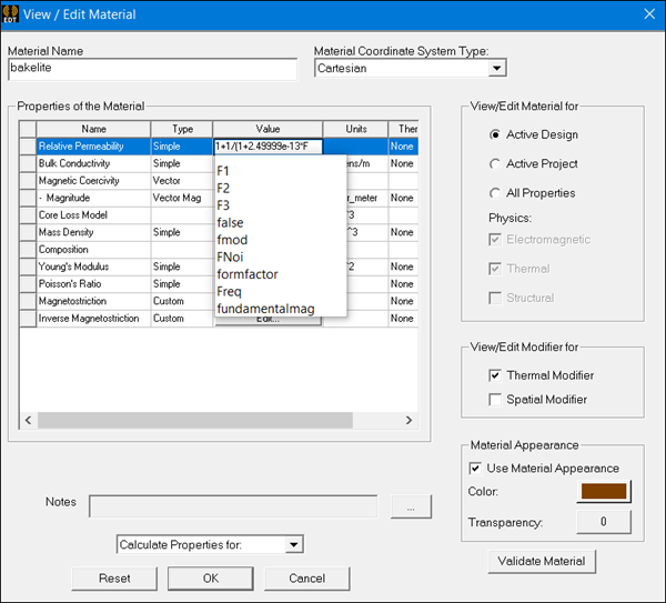 View/Edit Materials window.