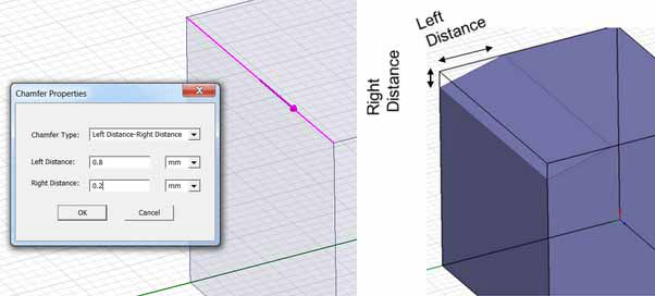 Model of 3D object with specified left and right chamfer distances.