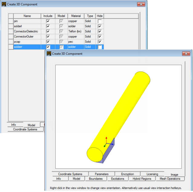 Create 3D Component dialog, Hide option enabled. Image tab displaying model.
