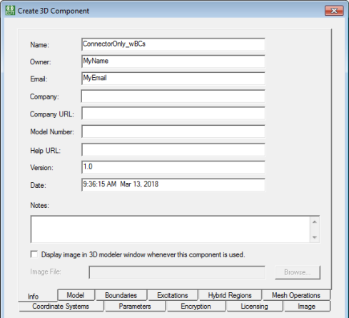 Create 3D Component dialog. Info tab.